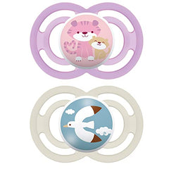 MAM Perfect Pacifiers (Pack of 2 Pacifiers, 1 Sterilizing Case), MAM Soother with a Soft Silicone Nipple, 6+ Months Baby Girl Essentials, Designs May Vary