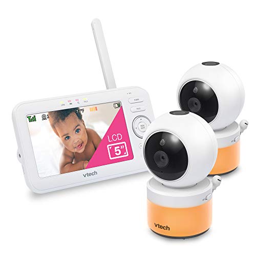 VTech LM918-2W Video Baby Monitor with 5" Screen, Pan Tilt Zoom, Sound Activated Night Light & Glow-On-The-Ceiling Projection, Night Vision, 2 Cameras, Multiple Viewing Options, White