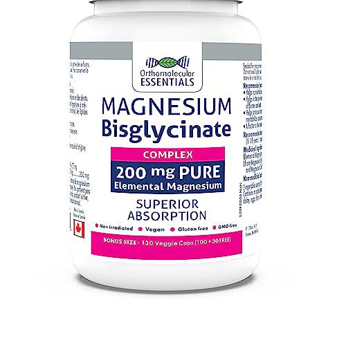 Orthomolecular Essentials - Magnesium Bisglycinate Complex 200mg, 130 Veggie Caps - Elemental Magnesium for Sleep and Anxiety - Bone Health and Muscle Cramp Relief - Calm Magnesium Complex Supplement