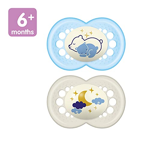 MAM Night Pacifier for 6+ months (2 pack, 1 Sterilizing Pacifier Case), MAM Glow in the Dark Soother with a Soft Silicone Nipple, Baby Essentials, Baby Boy, Designs May Vary