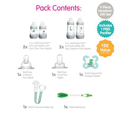 MAM Infant Basics Newborn Gift Set (9-count), Includes Easy Start Anti Colic MAM Baby Bottles, Pacifier, Baby Bottle Brush, From Newborn to 2+ Months, Designs May Vary