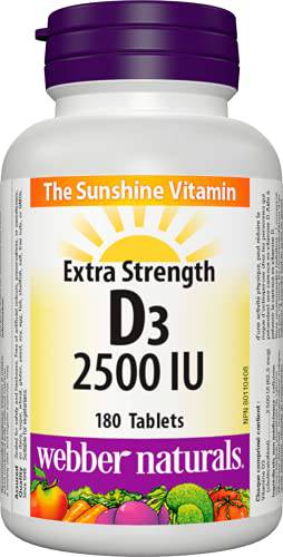 Webber Naturals Vitamin D3 2,500 IU Extra Strength, 180 Tablets, For Healthy Bones, Teeth, and Helps Prevent Vitamin D Deficiency