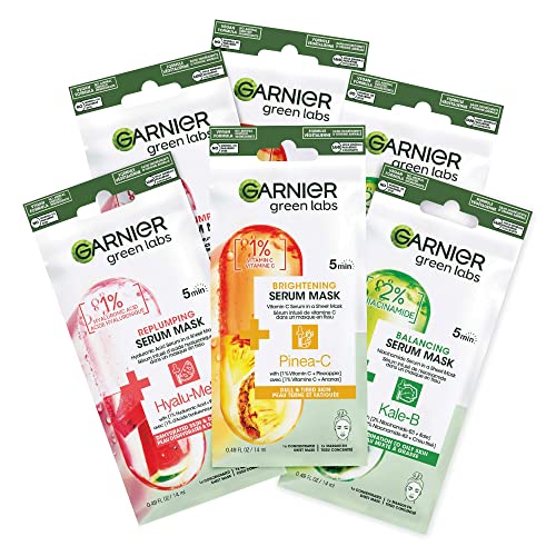 GARNIER Green Labs Biodegradable Face Masks Beauty, 5 Minute Skin Care Moisturizing Serum Sheet Masks For Face, 14 ml (Pack of 6)