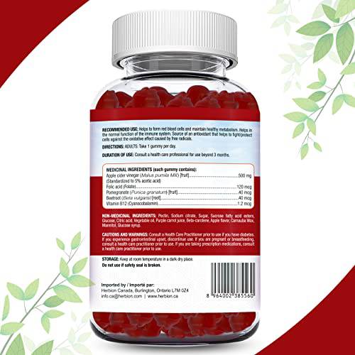 Herbion Naturals Apple Cider Vinegar Gummy with Folic Acid, Pomegranate, Beetroot & vitamin B12, source of Antioxidants to maintain Good Health & Metabolism, 60 Pectin Gummies for Adults, Apple Flavour