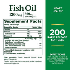 Nature's Bounty Fish Oil Pills, Omega 3 Supplement, Helps Support Cardiovascular Health, 1200mg, 200 Softgels