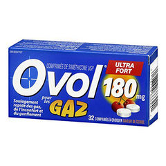 Ovol Extra Strength, Cherry Flavour Chewable Tablets, Gas Pain, Pressure, and Bloating Relief, 180mg, 32 Count