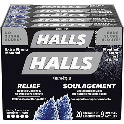 Halls Triple Soothing Action, No Sugar Added, Cough Drops, Extra Strong Menthol 9 count, 20 Packs