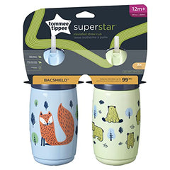 Tommee Tippee Superstar Straw Insulated Sippy Cup for Toddlers, INTELLIVALVE 100% Leak-Proof & Shake-Proof | BACSHIELD Antimicrobial Technology (9oz, 12+ Months, 2 Count)