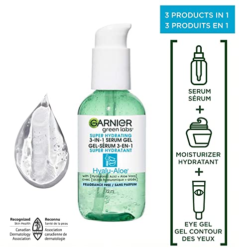 Garnier Green Labs Hyalu-Aloe Super Hydrating 3-In-1 Serum Gel, With Hyaluronic Acid + Aloe Vera, Moisturizes and Hydrates Skin, Fragrance-Free, For All Skin Types Including Sensitive Skin, 72 ml