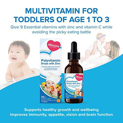 Allmoms - Polyvitamin Drops with Zinc, 50ml - 9 Essential Vitamins and Minerals for Healthy Growth and Development in Toddlers - Immunity Boost, Appetite, Vision Care and Brain Health - 1 to 3 Years