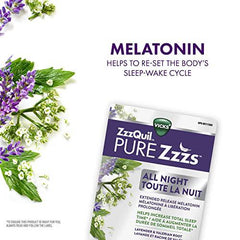 Vicks ZzzQuil PURE Zzzs All Night, Extended Release Melatonin Sleep Aid Tablets, Slow Release Melatonin Up To 6 hours, Sleep Aid For Adults, 2 mg Per Tablet, 21 Tablets