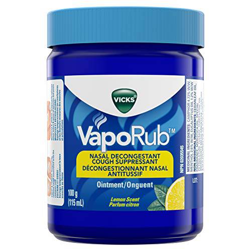 Vicks VapoRub Chest Rub Ointment, 115ml/100gm, Cough Suppressant, Relief from Cold, Aches, and Pains, Lemon Scented