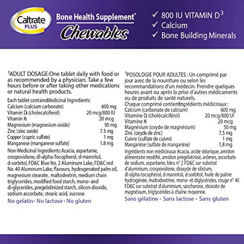 Caltrate Plus Chewables Calcium & Vitamin D3 Bone Health Supplement Tablets, 50 Count