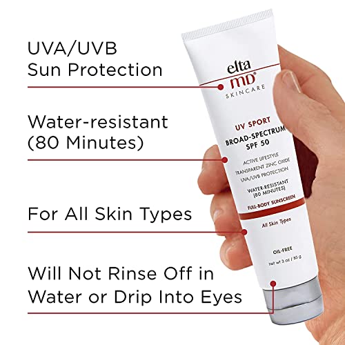 EltaMD UV Sport Broad Spectrum SPF 50 Sunscreen Sport Lotion, Body Sunscreen with UVA and UVB Protection, Water Resistant up to 80 Minutes, Non-Greasy, Oil Free Formula with Zinc Oxide, 3 oz Tube, Transparent