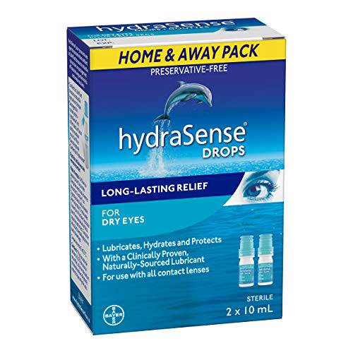 HydraSense Eye Drops, For Dry Eyes, Fast and Long-Lasting Relief, Preservative Free, Naturally Sourced Lubricant, Home and Away Twin Pack (2 x 10 mL), 20 mL