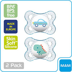 MAM Clear Design Collection Pacifier for Babies (Pack of 2 Pacifiers, 1 Sterilizing Case), MAM Soother with a Soft Silicone Nipple, Boy Baby Essentials, 0-6 Months, Designs May Vary