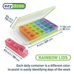 Ezy Dose Weekly (7-Day) Pill Organizer, Vitamin and Medicine Box, X-Large Pop-Out Compartments, 4 Times a Day, Rainbow Lids with Case