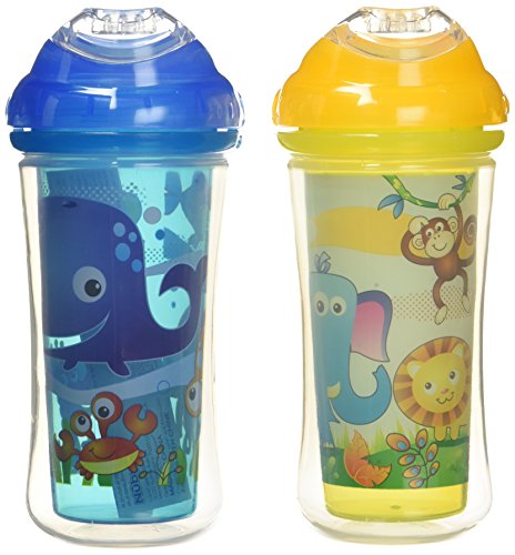 Nuby 531018SS Clik-It Insulated Sea Plus Safari No-Spill Cool Sipper for 18 Month Plus Children(2 Pack), 9 oz(270ml), Blue, Yellow