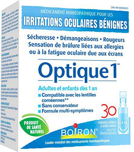 Boiron Optique 1, Eye drops used to relieve minor eye irritations such as dry, itchy or red burning eyes due to allergies or computer eye strain. 30 unit-doses