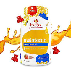 Honibe Melatonin Sleep Support Gummies | Honey-Based Gummies Made in Canada | Nighttime Sleep Aid | Natural Sleep Aid to Help Relieve Stress | Melatonin Gummies to Help Support a Healthy Sleep Aid | Sleep Gummies | 70 gummies