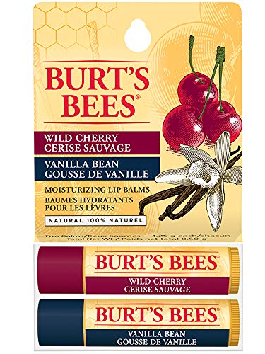 Burt's Bees Moisturizing Lip Balm for Dry Lips, 100% Natural Origin, Vanilla Bean & Wild Cherry - 2 Tubes, 2 Count, Value Pack