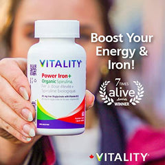 VITALITY Power Iron + Organic Spirulina 120 Veg Capsules (120 Days) - Boosts Energy with Iron Bisglycinate, Vitamin B12, Folic Acid, Vitamin C to Build Blood, Boost Energy