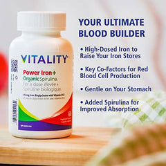 VITALITY Power Iron + Organic Spirulina 60 Veg Capsules (60 Days) - Boosts Energy with Iron Bisglycinate, Vitamin B12, Folic Acid, Vitamin C to Build Blood, Boost Energy