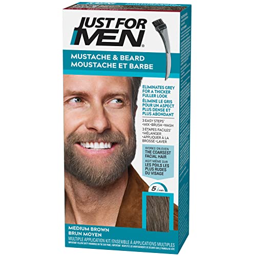 Just For Men Mustache & Beard, Beard Dye for Men with Brush Included for Easy Application, With Biotin Aloe and Coconut Oil for Healthy Facial Hair, Medium Brown, M-35 (1 Count)