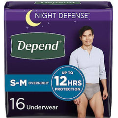 Depend Night Defense Adult Incontinence Underwear for Men, Disposable, Overnight, Small/Medium, Grey, 16 Count