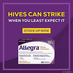 Allegra Hives - 12-Hour Itchy Skin Relief Due to Hives, Allergic Skin Reactions - 60 Mg Fexofenadine Hydrochloride, Antihistamine - Non-Drowsy Formula - Adults, Kids, 12 & Older - 36 Tablets