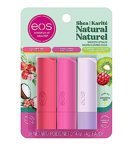 EOS 100% Natural & Organic Lip Balm Stick, Variety Pack, Coconut Milk, Honey Apple, and Raspberry Kiwi, 12g, 3-pack