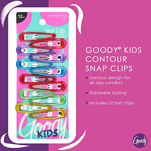 Goody Kids Contour Snap Clips - 12 Count, Assorted Colors - Just Snap Into Place - Suitable for All Hair Types - Pain-Free Hair Accessories for Women and Girls - All Day Comfort