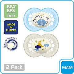 MAM Night Pacifier for 6+ months (2 pack, 1 Sterilizing Pacifier Case), MAM Glow in the Dark Soother with a Soft Silicone Nipple, Baby Essentials, Baby Boy, Designs May Vary