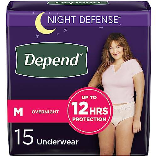 Depend Night Defense Adult Incontinence Underwear for Women, Overnight, Medium, Blush, 15 Count