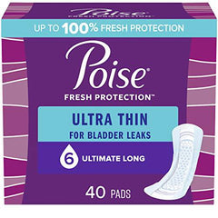 Poise Ultra Thin Incontinence Pads & Postpartum Incontinence Pads, 6 Drop Ultimate Absorbency, Long Length, 40 Count