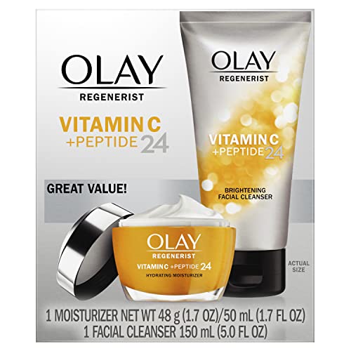 Olay Regenerist Vitamin C + Peptide 24 Duo Pack, Cleanser 150mL (5 fl oz), Moisturizer 48g (1.7 oz) Silver and Orange ,2.0 count