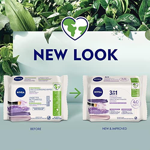 NIVEA 3-in-1 Biodegradable Face Cleansing & Makeup Removing Wipes for Sensitive Skin, 40 Wipes