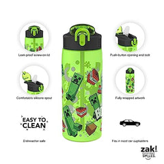 Zak Designs Minecraft Water Bottle For School or Travel, 25 oz Durable Plastic Water Bottle With Straw, Handle, and Leak-Proof, Pop-Up Spout Cover (Creeper)