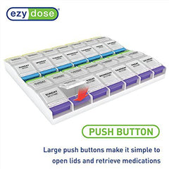 EZY DOSE Weekly (7-Day) Pill Organizer, Vitamin and Medicine Box, 2X-Large Push Button Compartments, 4 Times a Day, Clear Lids