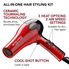 KISS 1875 Watt Pro Tourmaline Ceramic Hair Dryer, 3 Heat Settings, 2 Speed Slide Switch, Cool Shot Button, 2 Detangler Combs, 1 Concentrator, 1 Diffuser, Removable Filter Cap & 4 Sectioning Clips