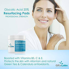 Glycolic Acid 20% Resurfacing Pads for Face & Body with Vitamins B5, C & E, Green Tea, Calendula, Allantoin - Exfoliates Surface Skin and Reduces Fine Lines and Wrinkles - Peel Pads