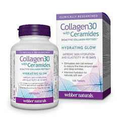 Webber Naturals Collagen30 with Ceramides, Bioactive Collagen Peptides, 120 Tablets, Hydrating Glow, Helps Improve Skin Hydration, Elasticity & Smoothness