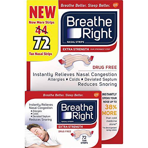 Breathe Right Extra Strength Tan Strips Reduces Snoring-Free Nasal Strips for Nasal Congestion Relief-72 Count