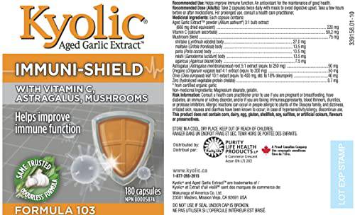 Kyolic- Formula 103 Immuni-Shield 180 Capsules - Vitamin C Ascorbic Acid, Astragalus Root Extract, Oregano Extract, Mushroom Blend Supplement & Kyolic Aged Garlic Extract Capsule-Immune System Support