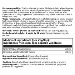 SOLARAY Ginger Root, 550mg | Digestion & Joint Health | Zingiber Officinale, Whole Root | Dietary Supplement | Non-GMO, Vegan, Lab Verified | 180 VegCaps