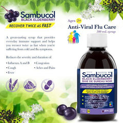 Sambucol Black Elderberry Anti-Viral Flu Care Syrup | Quickly Relieves Cold & Flu Symptoms | Immune Support & Antioxidant | Ideal for Families | 500 mL