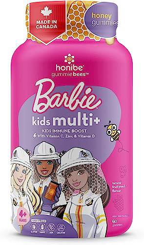 Honibe Kids Multivitamin Gummies Plus Immune Boost | Barbie | Honey-Based Vitamins Made in Canada | Children's Chewable Gummy Vitamins | Kids Zinc Vitamin Gummy Bees | 60 gummies