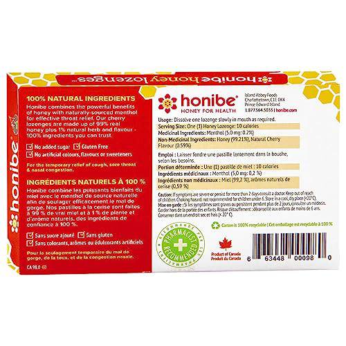 Honibe 100% Pure Honey Lozenges, Made in Canada, Soothes Sore Throat, with Menthol, 1 pack (10 lozenges),Natural Cherry