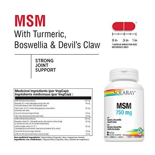 SOLARAY – MSM, 750mg | Turmeric, Boswellia & Devil’s Claw | Bone & Joint Health | Dietary Supplement | Non-GMO, Vegan, Lab Verified | 90 Vegetarian Capsules