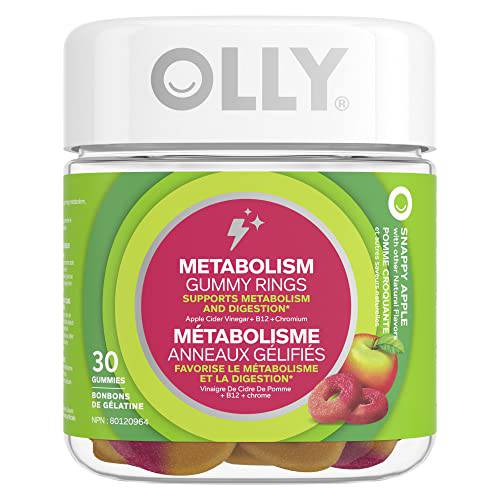 OLLY Metabolism Gummy Rings supports metabolism and digestion* Snappy Apple with apple cider vinegar, vitamin B12 & chromium 30 gummies, 30 count (Pack of 1)